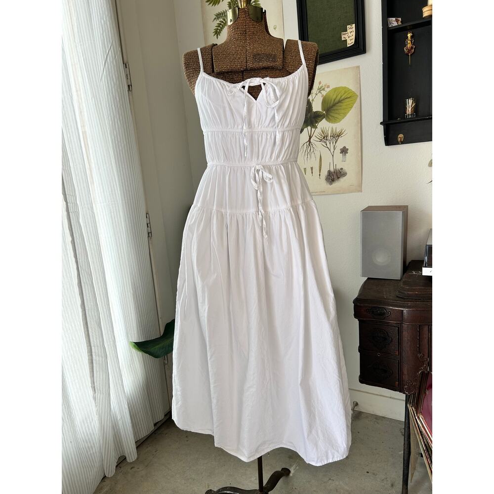 SIM & SAM White Cotton Tie Front Midi Dress Cottagecore Boho Sundress Size Small